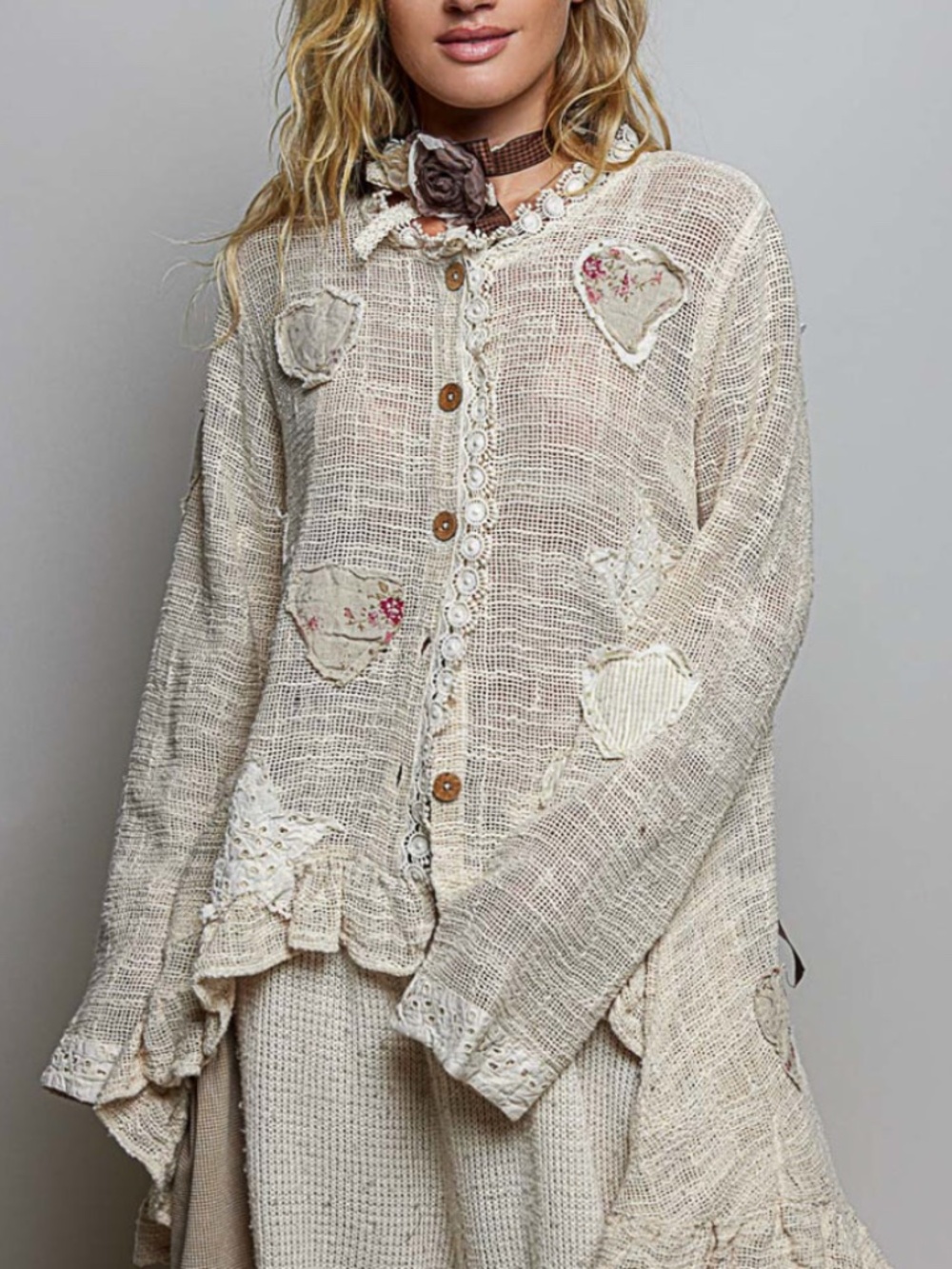 #1012 POL Textured Floral Appliqué Cardigan in Wheat - Picture 1 of 6